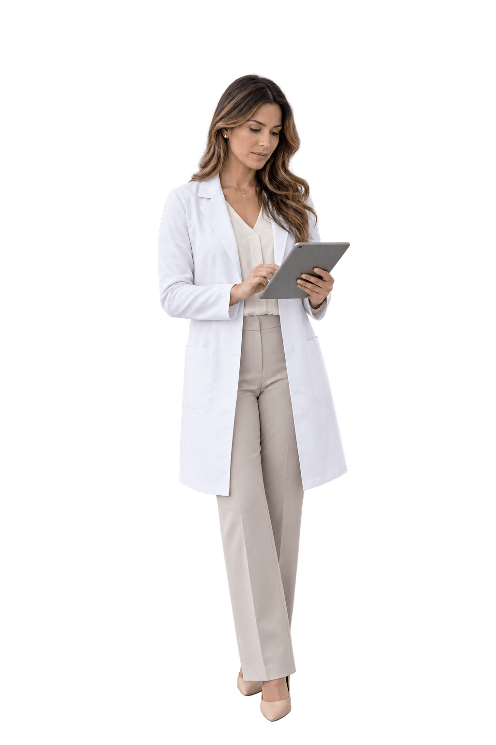 Médica analisando informações em um tablet